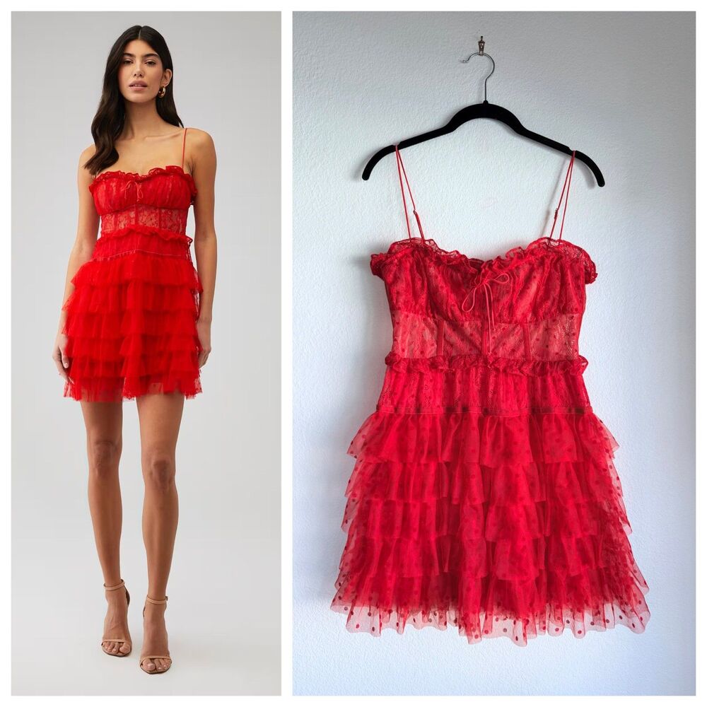 NWOT For Love & Lemons Jules Red Polkadot Corset Strappy Lace Mini Dress Size M